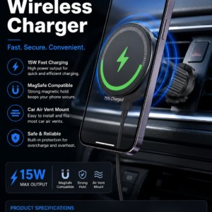 15W MagSafe Magnetic Wireless Car Charger Air Vent Mount for Mobile Phone